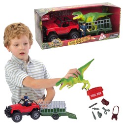 Zestaw zielony dinozaur, pojazd z przyczepą, figurka myśliwego Savage Dino Adventure dźwięk