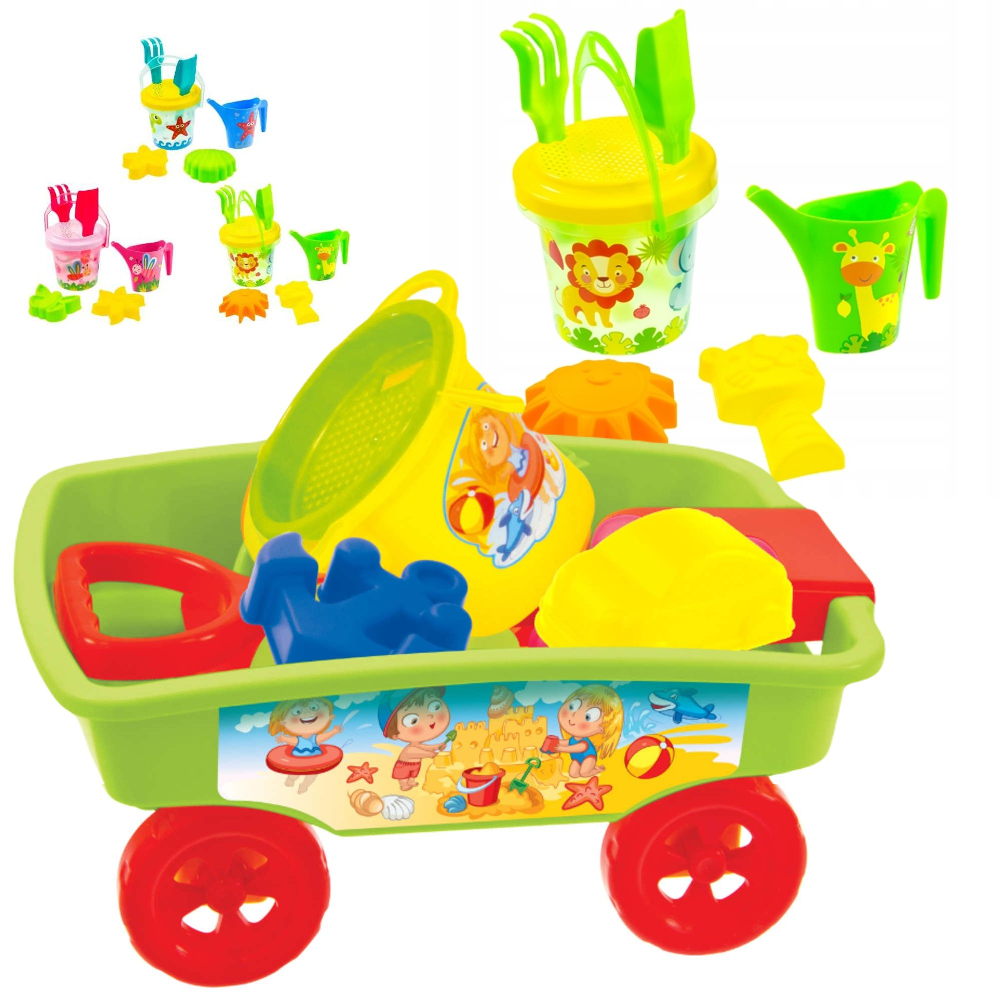 Zestaw Mochtoys wózek z zabawkami do wody i piasku konewka foremki