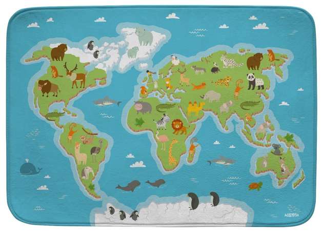 Achoka Miękki dywan do pokoju dziecięcego Mapa Świata zwierzęta 130x180 cm
