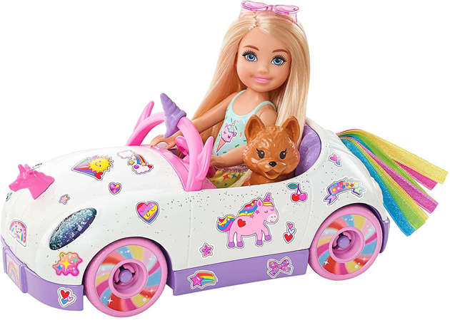 Barbie Club Chelsea zestaw tęczowe auto + 2 lalki