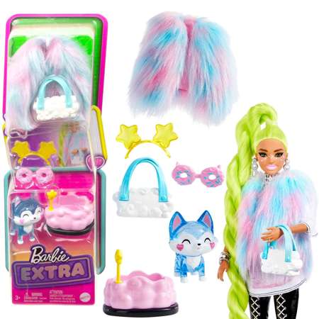 Barbie Extra Zestaw ubranek i akcesoriów dla lalki oraz zwierzątko Piesek Husky