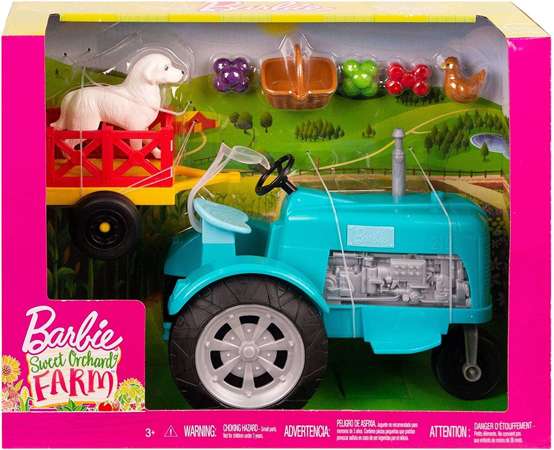 Barbie zestaw Farma Traktor z przyczepką, lalka Barbie z kurnikiem i Ken ze świnką