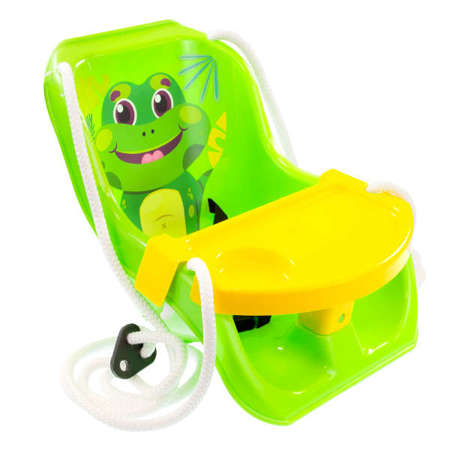 Bezpieczna Zielona huśtawka kubełkowa ze stolikiem Żaba dla dzieci do 25 kg