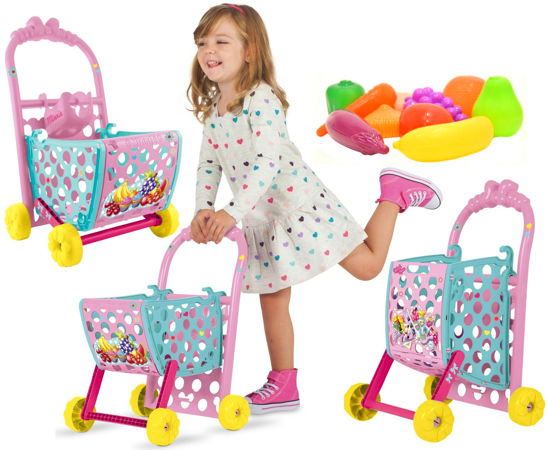 Disney Wózek sklepowy na zakupy różowo-miętowy regulowany + naklejki + plastikowe owoce i warzywa Myszka Minnie Mini 