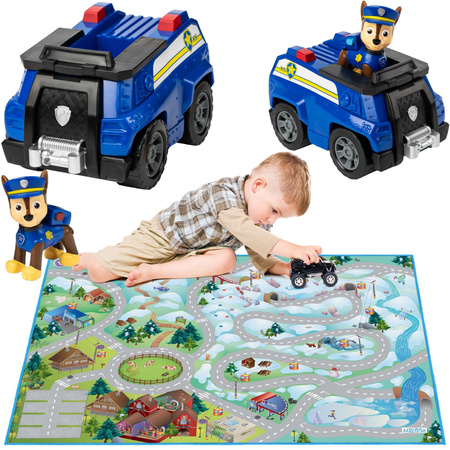 Dywanik Miasteczko górskie 100 x 150 cm i Psi Patrol radiowóz policyjny z figurką Chase