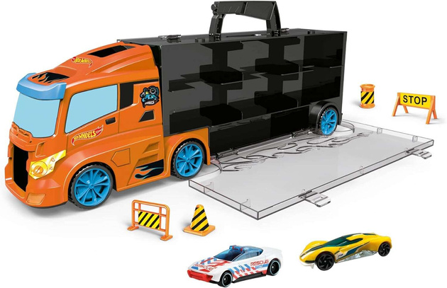 Hot Wheels Ciężarówka Transporter + 3 autka i akcesoria drogowe