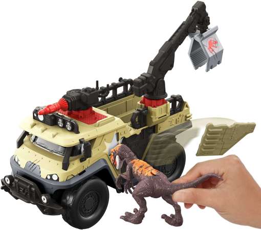 Jurassic World pojazd Łapacz dinozaurów i figurka Velociraptor 
