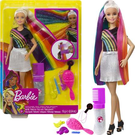 Lalka Barbie Błyszczące Tęczowe Włosy + akcesoria