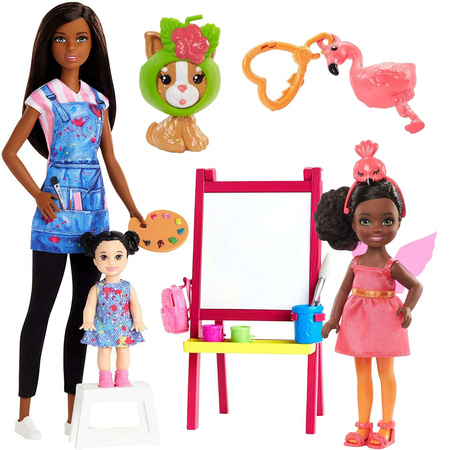 Lalka Barbie Nauczycielka plastyki ze sztalugą + laleczka w kostiumie