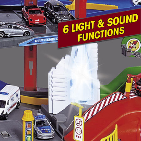 Majorette Garaż Super City 7 poziomów + 6 samochodów i lokomotywa, efekty dźwiękowe i świetlne