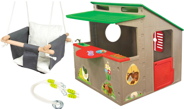 Mochtoys Domek Ogrodowy Country dla dzieci + drewniana huśtawka