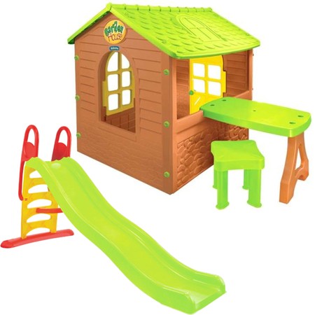 Mochtoys Domek ogrodowy dla dzieci ze stolikiem i krzesełkiem + Zjeżdżalnia Ogrodowa XXL Wodna ślizg 198 cm