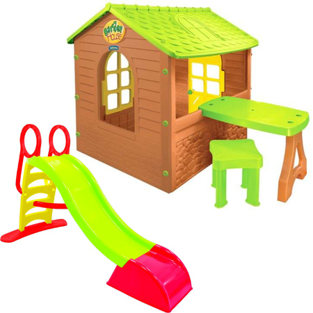 Mochtoys Domek ogrodowy ze stolikiem i krzesełkiem + Zjeżdżalnia ogrodowa 180 cm ślizg wodny