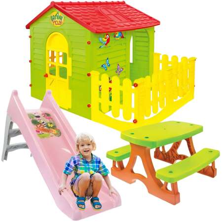 Mochtoys Plac zabaw dla dzieci: domek ogrodowy z płotkiem, zjeżdżalnia i stolik z ławeczkami