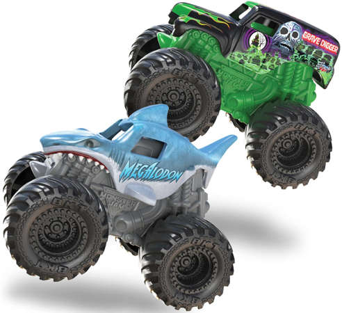 Monster Jam zestaw Mini Race & Chomp tor + 2 ciężarówki Grave Digger i Megalodon