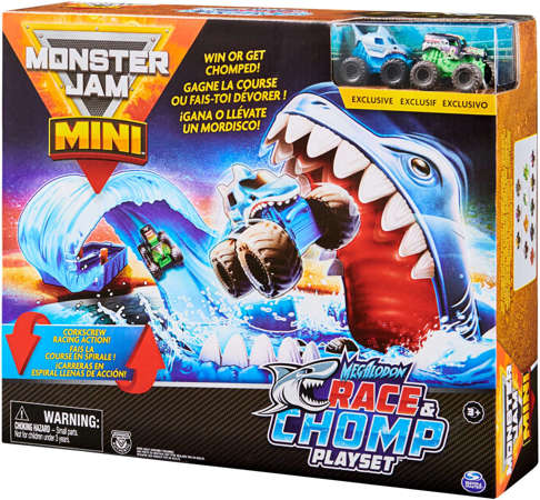Monster Jam zestaw Mini Race & Chomp tor + 2 ciężarówki Grave Digger i Megalodon