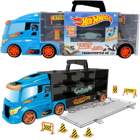OUTLET Hot Wheels Ciężarówka Transporter na 14 aut + 1 autko i znaki drogowe WADLIWY