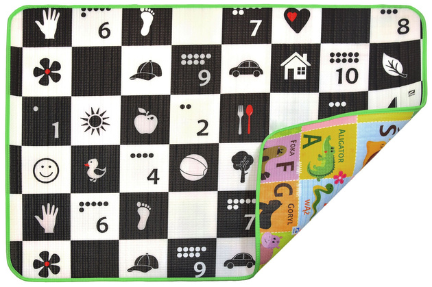 OUTLET Humbi Piankowa dwustronna mata edukacyjna Szachownica 3w1 Polski Alfabet Cyfry Obrazki Kontrastowe czarno-biała 100 x 150 x 1 cm WYBRAKOWANA