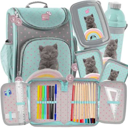 Paso Zestaw szkolny, Młodzieżowy plecak, tornister + Bidon, Śniadaniówka i Piórnik z wyposażeniem z kotkiem