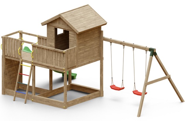 Plac zabaw drewniany duży ogrodowy Galaxy L domek, zjeżdżalnia, huśtawki, drabinka