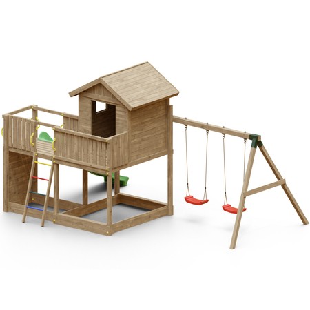 Plac zabaw drewniany duży ogrodowy Galaxy L domek, zjeżdżalnia, huśtawki, drabinka