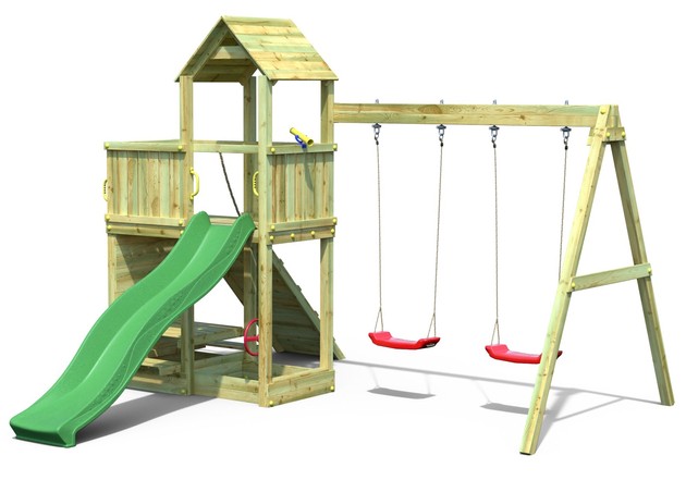Plac zabaw drewniany ogrodowy duży Floppi domek, zjeżdżalnia, 2x huśtawka, ścianka, lina