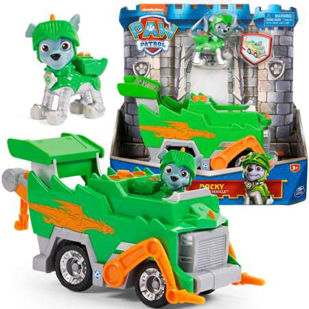 Psi Patrol 2w1 Rocky Rescue Knights Rycerz Dźwig Pojazd Zielona Śmieciarka + figurka