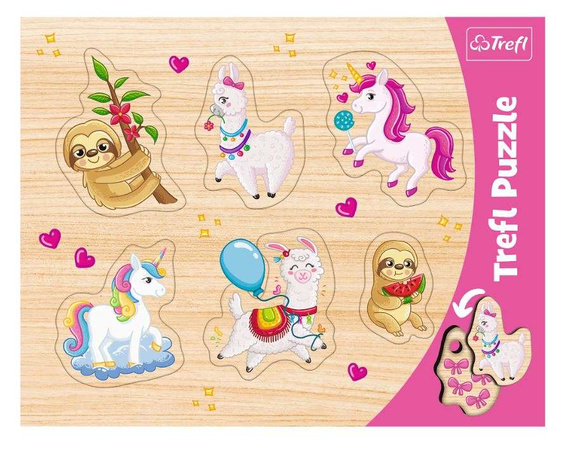 Puzzle ramkowe 6 elementów układanki kształtowe Jednorożce, lamy i leniwce