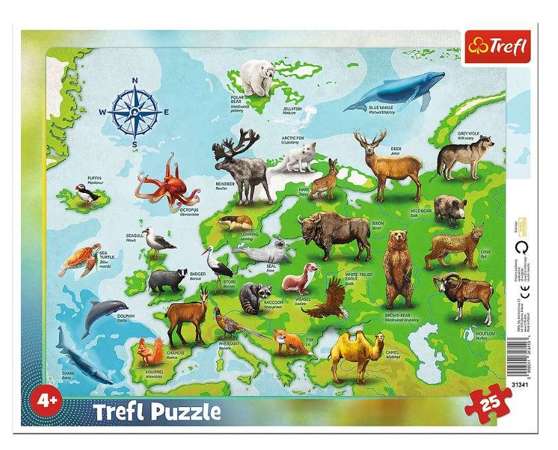 Puzzle ramkowe Mapa Europy ze zwierzętami 25 elementów 