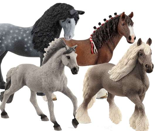 Schleich Figurki koni klacz Dapple, mustang Sorraia, Hiszpańska klacz, wałach Clydesdale