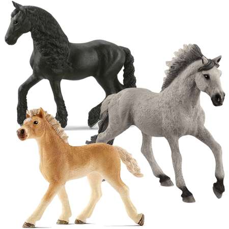 Schleich Horse Club figurki Koń Klacz Fryzyjska+Mustang ogier Sorraia oraz Źrebię rasy haflinger 7 cm - gratis