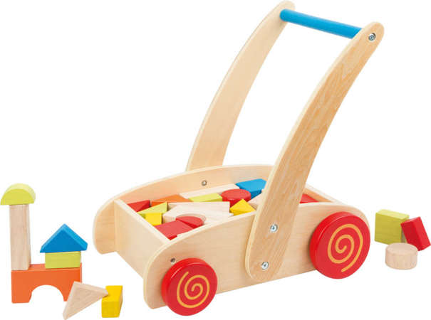 Small Foot drewniany Wózek pchacz z klockami drewnianymi, kolorowe klocki, zabawka edukacyjna