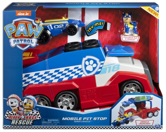 Spin Master Psi Patrol Pit Stop Rozkładana ciężarówka + auto i figurka Chase dźwięk