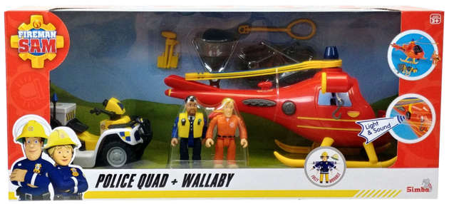 Strażak Sam zestaw Remiza strażacka, Helikopter Wallaby i Quad policyjny + figurki