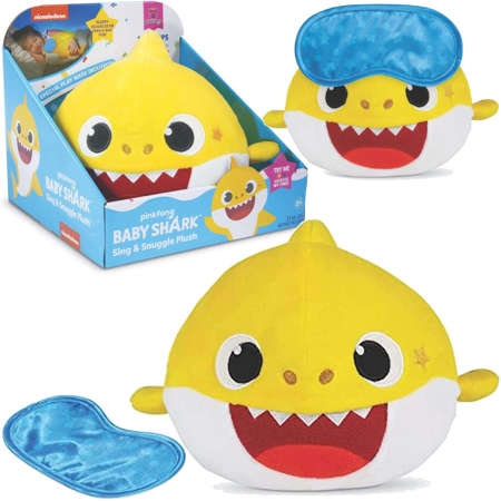 Uśmiechnięta Przytulanka mały rekin żółty pluszak Maskotka ze światłem i dźwiękiem Baby Shark Sing & Snuggle + niebieska opaska na oczy