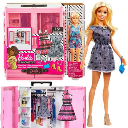 Zestaw Barbie szafa na ubranka z lalką + 15 akcesoriów