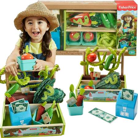Zestaw Zabawkowy kolorowy Supermarket stragan farma z warzywami skarbonka + akcesoria Fisher Price
