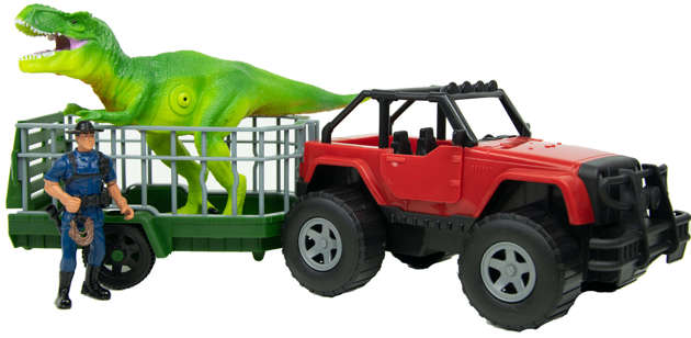 Zestaw dinozaur, pojazd z przyczepą, figurka myśliwego Savage Dino Adventure dźwięk