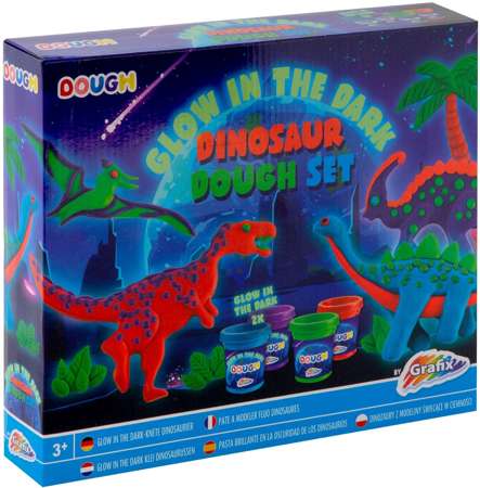 Zestaw kreatywny Dough Set Dinozaury z modeliny świecące w ciemności 4 x 50g oraz foremki
